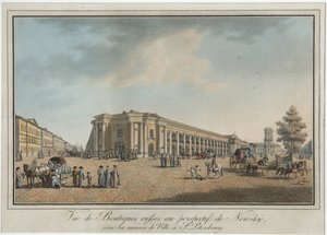 Nevsky Prospekt (perspektiv Nevski) nära den stora Gostiny Dvor och stadsduman i Sankt Petersburg - Benjamin Paterssen (1748-1815). Etsning, akvarell, efter 1802. Statens museum för Sankt Petersburgs historia av Benjamin Patersson