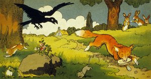 La Fontaines fabel: Kråkan och räven (illustration 1949)