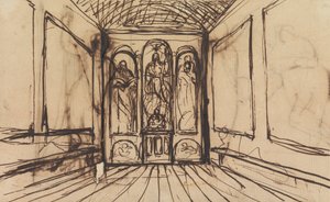 Studie av ett inre rum med religiösa bilder på väggpanelerna av Benjamin Robert Haydon