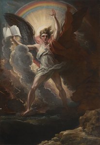 En mäktig ängel står på land och på havet av Benjamin West