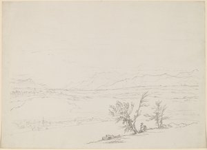 Ett alpint landskap med ett par som sitter vid träd med utsikt över en dal av Benjamin West