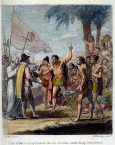 En indisk Cacique från ön Kuba välkomnar Christopher Columbus (1451-1506) och europeiska militära och kyrkliga företrädare för att diskutera skapandet av en ny stat. Frontispice av "Civil and Commercial History of the British Colonies of the W av Benjamin West