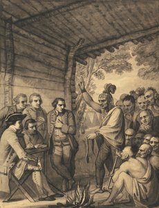 Indianerna håller ett föredrag till överste Bouquet i en konferens vid en rådsbrand nära hans läger på stranden av Muskingum i Amerika, i oktober 1764, 1765 av Benjamin West