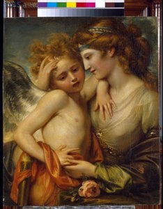 Venus tröstar Amor sticker av ett bi. (Venus konsulterar Amor stucken av ett bi). Målning av Benjamin West (1738-1820), olja på duk