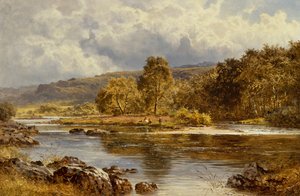 An Island on the LLugwy Just Below Capel Curig, North Wales (olja på duk) av Benjamin Williams Leader