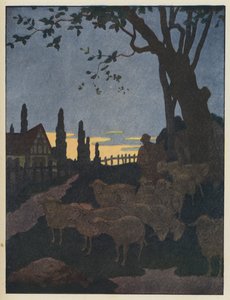 Flock får under ett träd i skymningen av Benjamin Rabier
