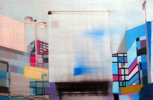 Downtown L.A. genom bilfönstret, 2003 (olja på 2 juxtaponerade dukar) av Benoit Erwann Boucherot