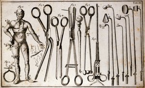 Olika typer av pincett och kirurgiska instrument. En man som bär olika typer av turneringar och bandage. Operationsplatta illustrerad av Benoist Louis Prevost (1735-1809). 1700-talet
