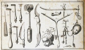Kirurgisk tavla som representerar olika typer av kirurgiska instrument, hammare, pilgrimsmussla, knivar, för borttagning av hjärnan. Gravyr av Benoit Louis Prevost (1735-1809) 1700-talet