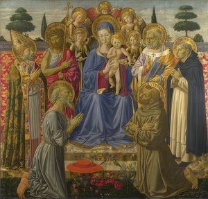 Madonna och barn omgivna av änglar och helgon. 1461-62