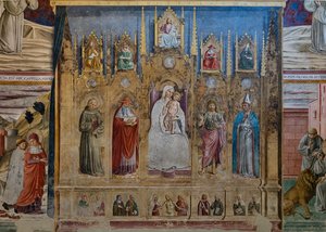 En falsk polyptyk med Jungfru Maria och barnet, S. Antonius av Padua, St. Hieronymus, St. Johannes och St. Louis av Toulouse, St. Hieronymus kapell av Benozzo di Lese di Sandro Gozzoli