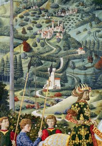Fantastiskt landskap, detalj från the Journey of the Magi-cykeln i kapellet, ca 1460