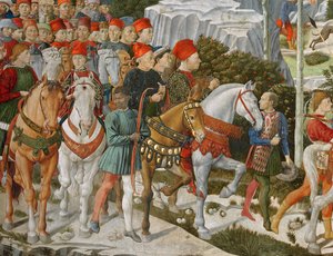 Galeazzo Maria Sforza, hertig av Milano (1444-76), extrem vänster, på en brun häst och Sigismondo Pandolfo Malatesta, härskare över Rimini (1417-68) bredvid honom på en grå häst, detalj från M:ets resa av Benozzo di Lese di Sandro Gozzoli