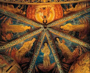 Italien, Montefalco, Absidvalv av Saint Francis Church Målad med helgon av Benozzo di Lese di Sandro Gozzoli