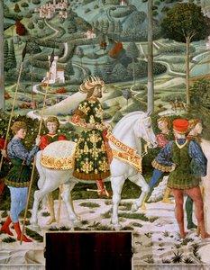 Johannes VII Palaeologus (1391-1448), östromersk kejsare, som en av de tre kungarna, detalj från cykeln med de tre vise männen i kapellet, omkring 1460. av Benozzo di Lese di Sandro Gozzoli