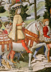 Lorenzo de Medici, den magnifika 1449-92, som en av de tre kungarna, detalj från cykeln Journey of the Magi i kapellet, ca 1460 freskdetalj av 70619