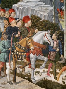 Porträtt av Piero deMedici på en mula, Cosimo de Medici centrum och hertigen Salviati på hästryggen, detalj från cykeln Journey of the Magi i kapellet, ca 1460 freskdetalj av 70619 av Benozzo di Lese di Sandro Gozzoli