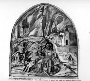 St Francis tar emot Stigmata (fresk) (s/v foto) av Benozzo di Lese di Sandro Gozzoli
