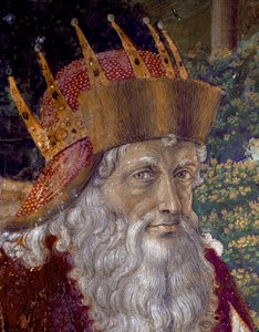 Magiernas resa. Cortege of the Magi of Jerusalem i Betlehem kallad "Viaggio dei Magi" eller "Cavalcata dei Magi" på italienska. Detalj som representerar Joseph Patriark av Konstantinopel mellan 1261 och 1276. Fresk av Magikapellet av Benozzo di av Benozzo di Lese di Sandro Gozzoli