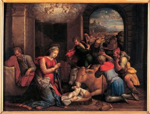 Herdarnas tillbedjan - Målning av Benvenuto Tisi da Garofalo (Il Garolafo) (1481-1559), olja på trä, 41,5x55 cm av Benvenuto Tisi da Garofalo