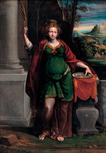 Saint Lucia (av Syrakusa) (tidigt 300-tal) håller en bricka med två ögon (Saint Lucy) - Målning av Benvenuto Tisi da Garofalo (Il Garolafo) (1481-1559), olja på trä, 63x44 cm