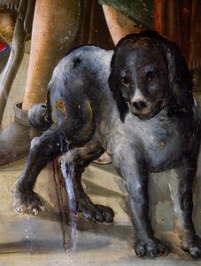 Hund, detalj från Jesus födelse, ca 1470, målning av Benvenuto di Giovanni, tempera på panel