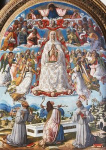 Jungfruns antagande med Sankt Thomas som tar emot gördeln mellan de heliga Franciskus av Assisi och Antonius av Padua, 1480-talet