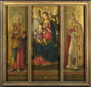 Jungfru och barn med de heliga Peter och Nicholas, 1479 av Benvenuto di Giovanni
