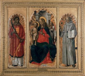 Triptyk, Jungfru med barn med St Leonard (eller Stefan) och St Bernardino av Siena (olja på panel