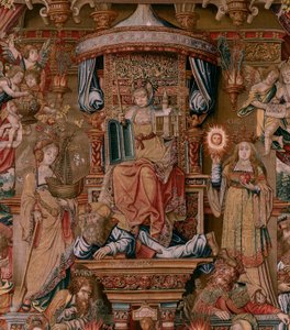 flamländsk gobeläng. Serien The Honours. Tro (La Fe). Första gobelängen i serien. Modelltecknare från Bernard van Orleys och Jan Gossaerts krets (Mabuse). Tillverkning Pieter van Aelst, Bryssel. Ca 1550. Tyg Guld, silver, siden och ull.