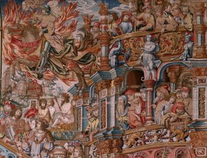 flamländsk gobeläng. Serien The Honours. Fame (La Fama). Tredje tapeten i serien. Modelltecknare från Bernard van Orleys och Jan Gossaerts krets (Mabuse). Tillverkning Pieter van Aelst, Bryssel. Ca 1550. Tyg Guld, silver, siden och ull.