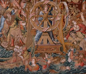 flamländsk gobeläng. Serien The Honours. Fortune, The Way to the Honors (La Fortuna, Camino de los Honores). Femte gobeläng i serien. Modelltecknare från Bernard van Orleys och Jan Gossaert de Mabuses krets. Tillverkning Pieter van Aelst, Brusse