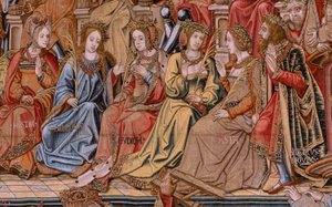 flamländsk gobeläng. Serien The Honours. Honor (El Honor). Andra gobeläng i serien. Modelltecknare från Bernard van Orleys och Jan Gossaerts krets (Mabuse). Tillverkning Pieter van Aelst, Bryssel. Ca 1550. Tyg Guld, silver, siden och ull.