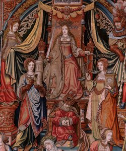 flamländsk gobeläng. Serien The Honours. Rättvisa (La Justicia, Los Honores). Nionde gobeläng i serien. Modelltecknare från Bernard van Orleys och Jan Gossaerts krets (Mabuse). Tillverkning Pieter van Aelst, Bryssel. Ca 1550. Tyg Guld, silver,
