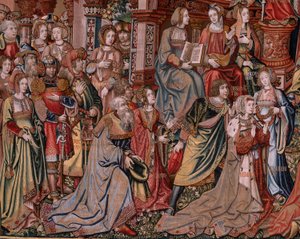 flamländsk gobeläng. Serien The Honours. Rättvisa (La Justicia, Los Honores). Nionde gobeläng i serien. Modelltecknare från Bernard van Orleys och Jan Gossaerts krets (Mabuse). Tillverkning Pieter van Aelst, Bryssel. Ca 1550. Tyg Guld, silver,