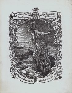 Britannia med utsikt över havet, julhälsningskort från första världskriget från Lord Mayor och Lady Mayoress i London, Sir Charles och Lady Wakefield