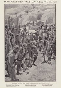 Scen från en produktion av Shakespeares Henry V på Lyceum Theatre, London (litho)