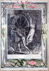 Ixion bunden till det evigt svängande eldhjulet (färgad gravyr) av Bernard (after) Picart