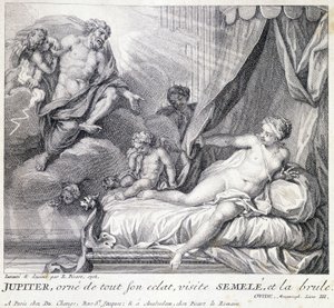 Jupiter (Zeus) bränner Semele med sin blixt. Gravyr av 1700-talet efter teckningen av B. Picart gjord 1708. av Bernard (after) Picart