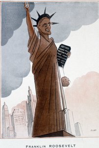 Tecknad av Franklin Roosevelt i Frihetsgudinnan - Illustration av Bernard Becan (Bernhard Kahn) (1890-1943) I "" Fantasio""" från 1932-12-01 av Bernard Becan