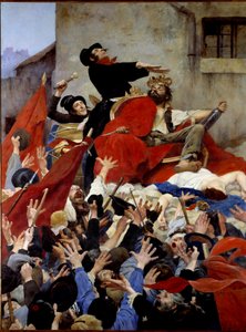 Slyngelns apoteos eller Robert Macaires triumf Robert Macaire är en imaginär figur som symboliserar banditen och skrupelfria affärsmannen. Han är en kronans representant och hejar av publiken. Målning av Maurice Boutet de Monvel (1851-191