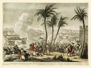 Napoleon besegrar mamelukerna i slaget vid pyramiderna, nära Kairo, graverad av George Cruikshank (1769-1823), pub. 1823 (handkolorerat gravyr)