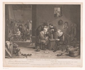 Värdshusinteriör med kortspelande figurer Les Francs Maçons Flamands en Loge (titel på objekt) av Bernard François Lépicié