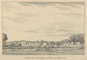 En södervy av lägret på Hampton Court Green 1731, 1731-33 (penna & svart bläck och tvätt på lagt papper) av Bernard III Lens
