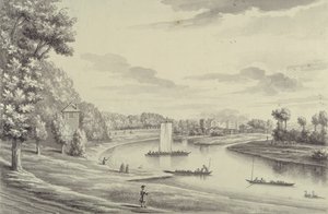A West View of Hampton Court Ferry och Hampton Church at a Distance, 1731-33 (penna & svart bläck och tvätt på lagt papper) av Bernard III Lens