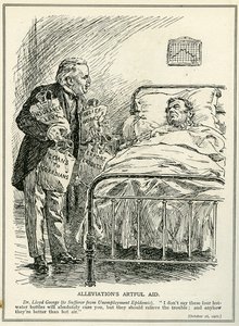 Dr Lloyd George föreslår att man ska bota den drabbade från arbetslöshetsepidemin med fyra varmvattenflaskor, "Insurance Levy", "Relief Works", "Loans" och "Export Credits"
