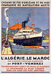 Reklamaffisch för fransk järnväg som går till Algeriet och Marocko från Frankrike via Limoges Toulouse Narbonne och Port Vendres ca 1900 av Bernard Lachevre