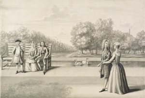 Figurer på stranden av Long Water, Hampton Court Palace (grå tvätt med penna och bläck över penna på papper)