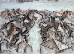 A Quiet Street (färgad kritatvätt med blått bläck) av Bernard Meninsky