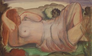 Liggande naken i ett landskap, ca 1940 (gouache, akvarell och penna)